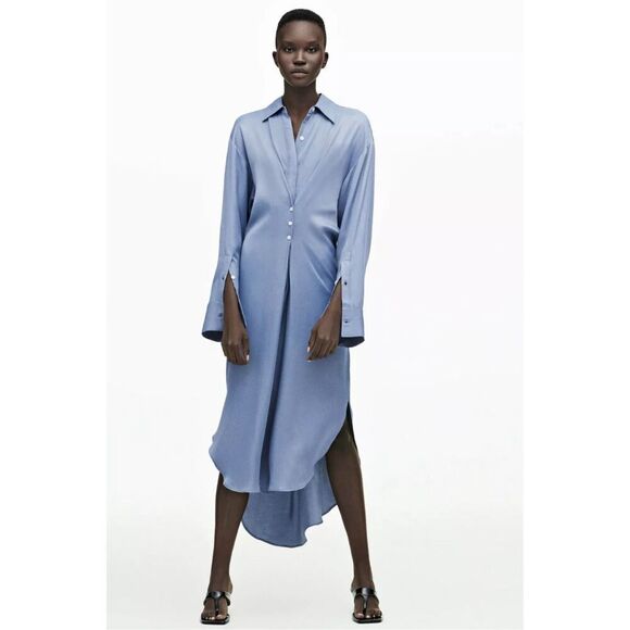 ZARA Dress Satin Effect Shirt Dress Size Small • BLOGGER FAVORITE • - Picture 4 of 11